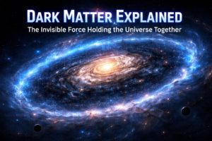 Spiral galaxy surrounded by a glowing dark matter halo illustrating the invisible force that holds galaxies together.