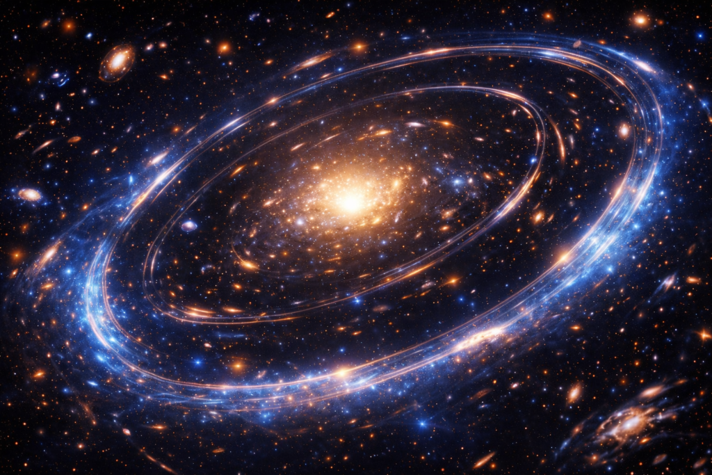 Gravitational lensing effect around a massive galaxy cluster bending light from distant galaxies, demonstrating the influence of dark matter.