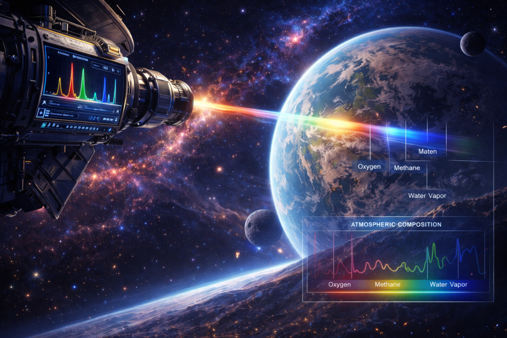 Space telescope analyzing the atmosphere of a distant exoplanet for biosignatures like oxygen, methane, and water vapor.