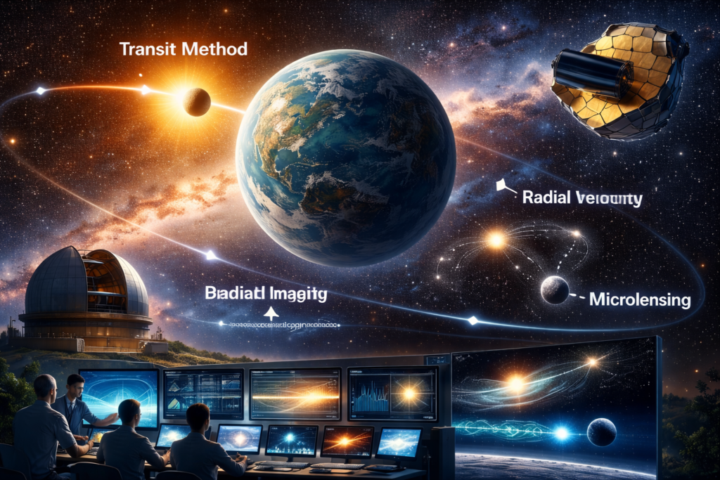 Illustration explaining how astronomers discover exoplanets using methods like the transit method, radial velocity, direct imaging, and microlensing.