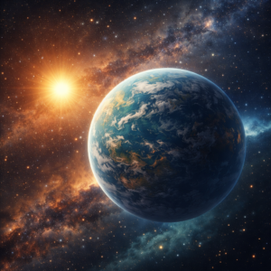 Artistic illustration of an Earth-like exoplanet orbiting a distant star, representing the search for habitable worlds beyond our solar system.