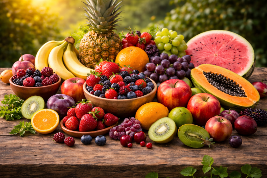 A vibrant assortment of fresh fruits including apples, bananas, oranges, grapes, strawberries, blueberries, pineapple, kiwi, and mango arranged naturally on a rustic wooden table in warm natural light.