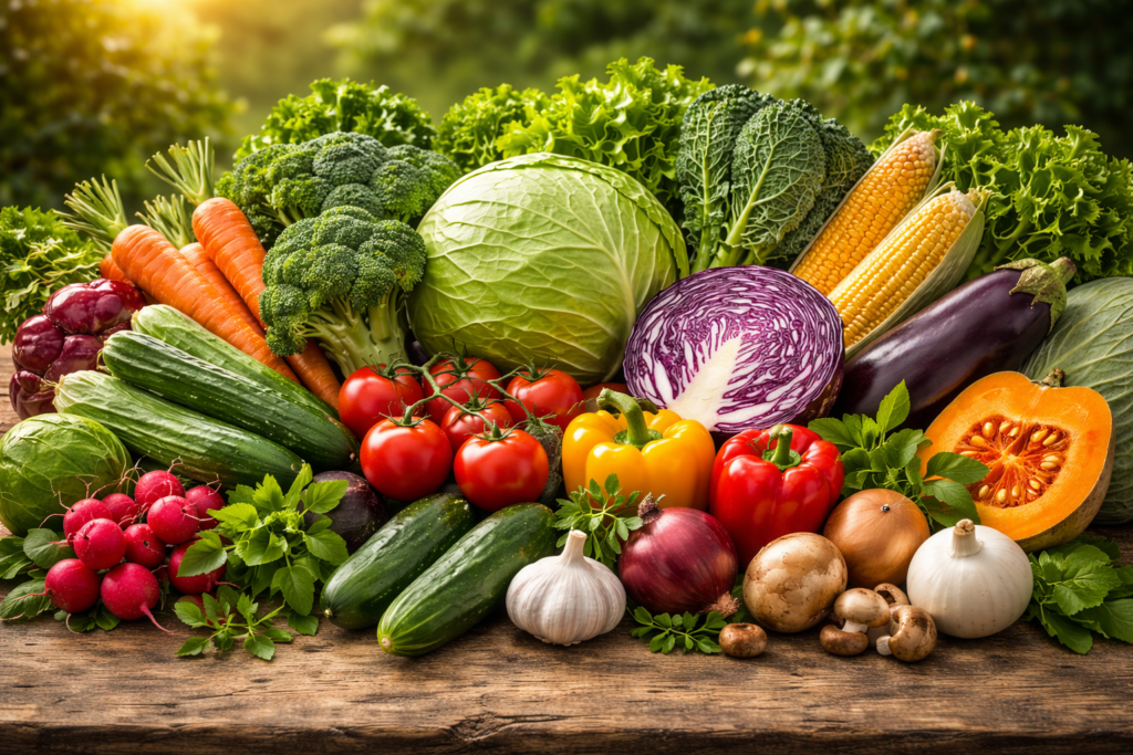 A colorful assortment of fresh vegetables including cabbage, carrots, broccoli, tomatoes, bell peppers, radishes, corn, eggplant, cucumbers, and leafy greens arranged on a wooden table outdoors.