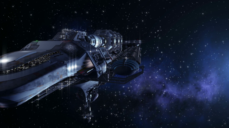 Futuristic deep space exploration spacecraft traveling through a star-filled galaxy during an interplanetary mission.