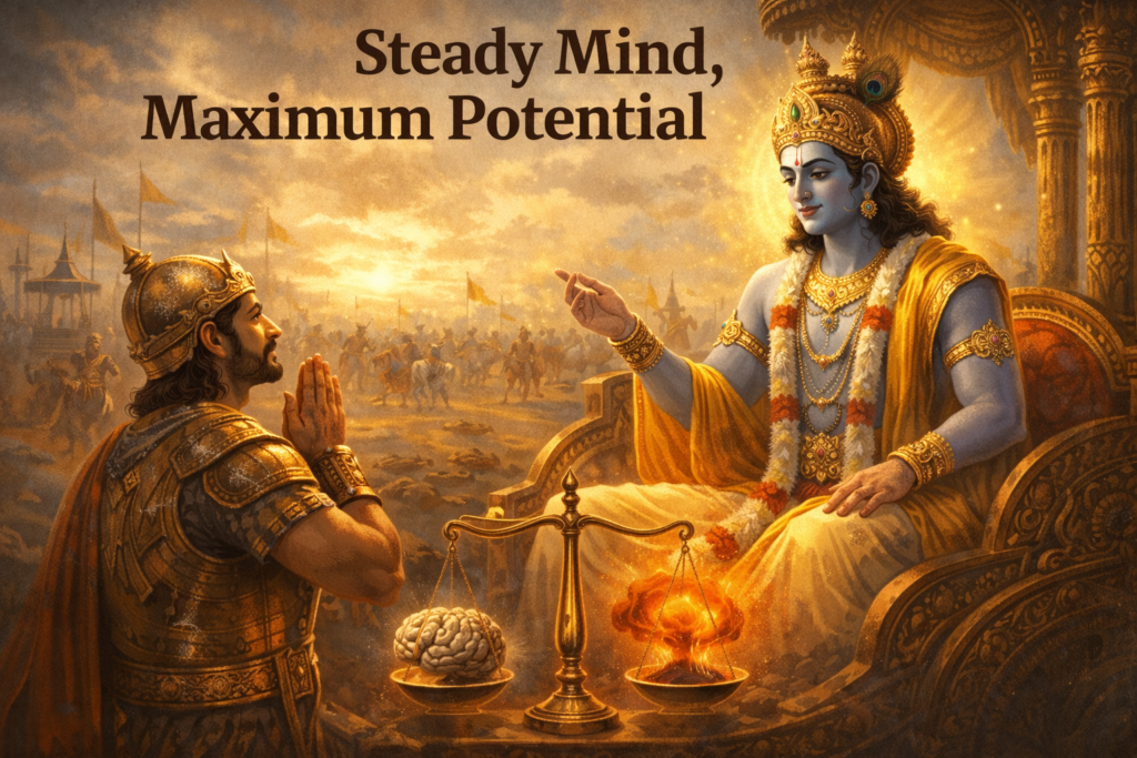 Lord Krishna guiding Arjuna on the battlefield of Kurukshetra during Bhagavad Gita Chapter 2, illustrating Karma Yoga, detachment, and steady wisdom