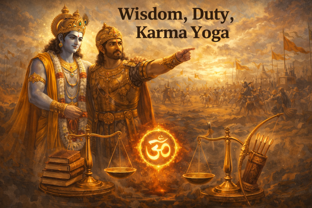 Lord Krishna guiding Arjuna on the battlefield of Kurukshetra during Bhagavad Gita Chapter 2, illustrating Karma Yoga, detachment, and steady wisdom