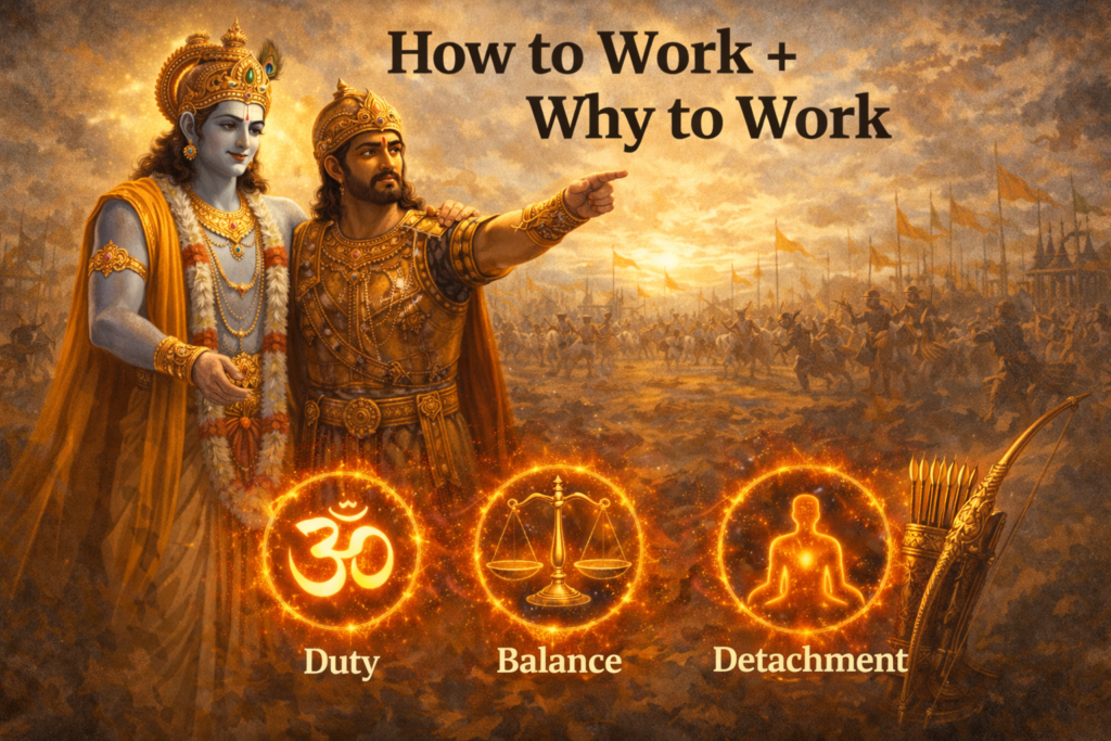 Lord Krishna guiding Arjuna on the battlefield of Kurukshetra during Bhagavad Gita Chapter 2, illustrating Karma Yoga, detachment, and steady wisdom