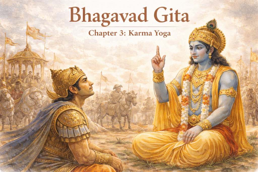 Krishna and Arjuna discussing Dharma and Karma Yoga during the Kurukshetra battlefield dialogue