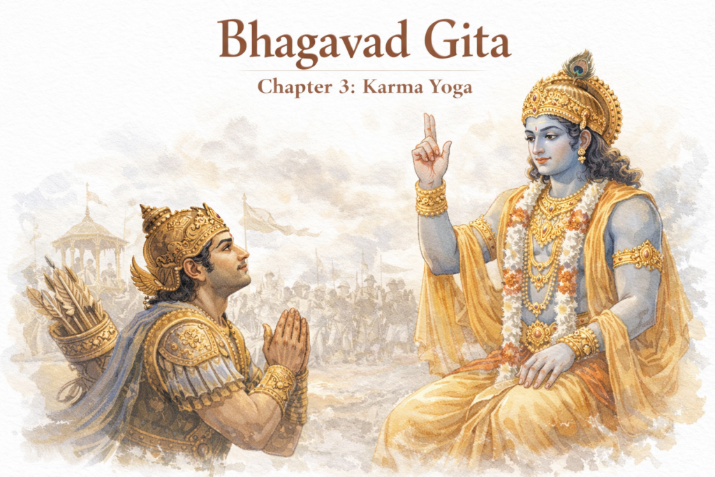 Lord Krishna explaining the philosophy of Karma Yoga to Arjuna on the battlefield of Kurukshetra in Bhagavad Gita Chapter 3
