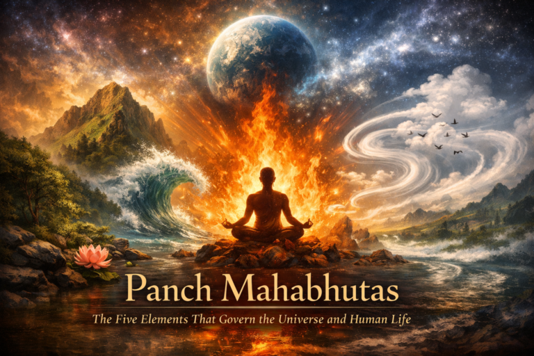 Panch Mahabhutas representing the five elements of nature — earth, water, fire, air, and space — symbolizing the cosmic balance of the universe and human life