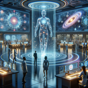 Futuristic visualization of quantum computing technology with a holographic human model, quantum data networks, and advanced scientific research environment.