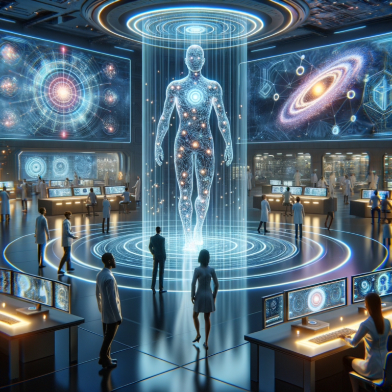 Futuristic visualization of quantum computing technology with a holographic human model, quantum data networks, and advanced scientific research environment.