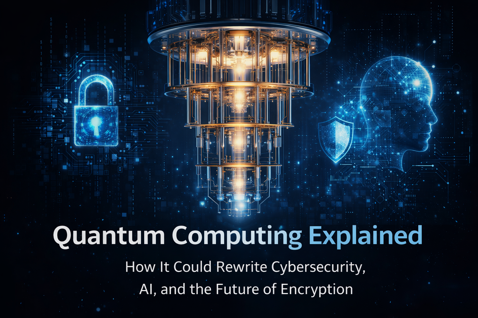Futuristic quantum computer with glowing qubits and digital security elements representing the future of encryption and artificial intelligence.