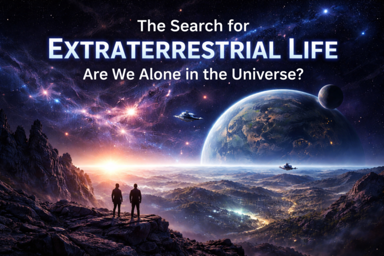 Futuristic cosmic landscape with distant exoplanet, spacecraft, and star-filled galaxy representing the search for extraterrestrial life.