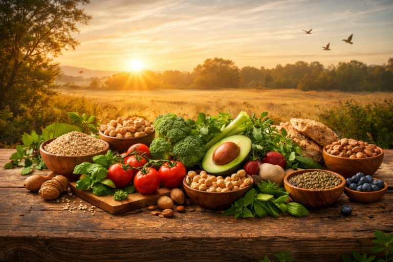 Fresh plant-based foods including vegetables, fruits, grains, nuts, and legumes arranged on a wooden table with a peaceful sunrise in the background symbolizing a healthy vegetarian lifestyle.