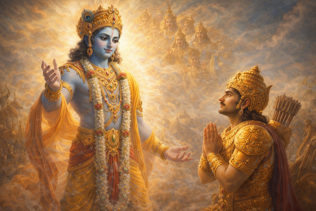 Lord Krishna teaching Arjuna about knowledge and karma with sacred fire symbolism on Kurukshetra battlefield