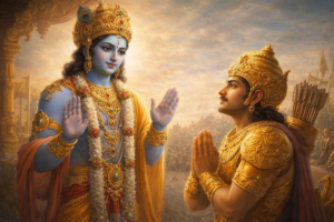 Lord Krishna teaching Arjuna about knowledge and karma with sacred fire symbolism on Kurukshetra battlefield