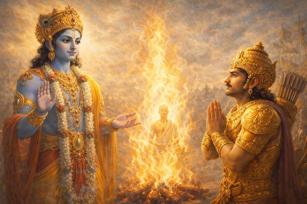 Lord Krishna teaching Arjuna about knowledge and karma with sacred fire symbolism on Kurukshetra battlefield
