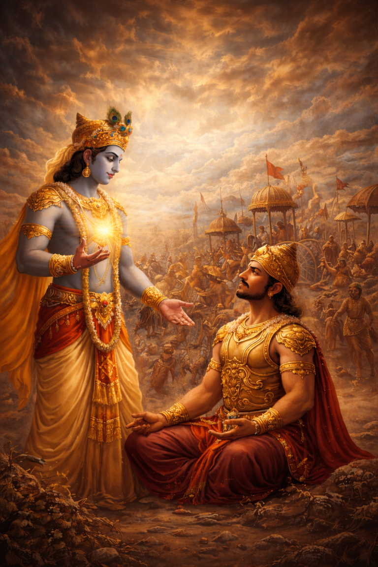 Lord Krishna teaching Arjuna about karma sanyasa yoga and the balance between action and renunciation on Kurukshetra battlefield