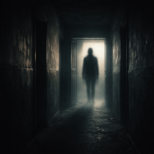 Mysterious shadow presence in a dark corridor representing paranormal reality