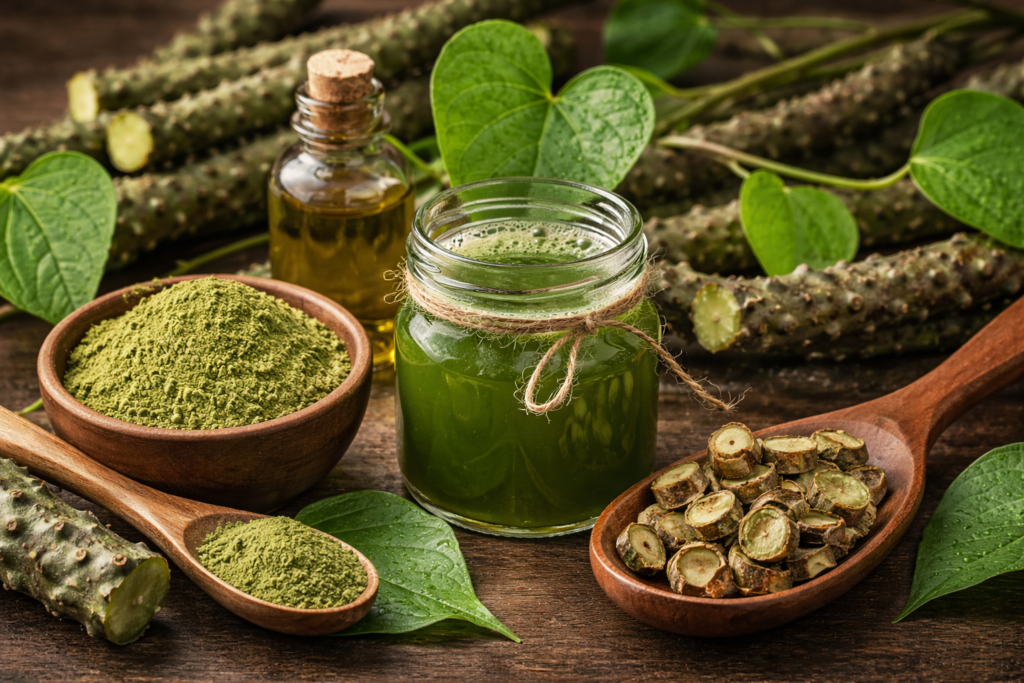 Fresh Giloy (Tinospora cordifolia) stem and heart-shaped leaves in natural environment showing its medicinal plant structure