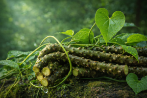 Fresh Giloy (Tinospora cordifolia) stem and heart-shaped leaves in natural environment showing its medicinal plant structure