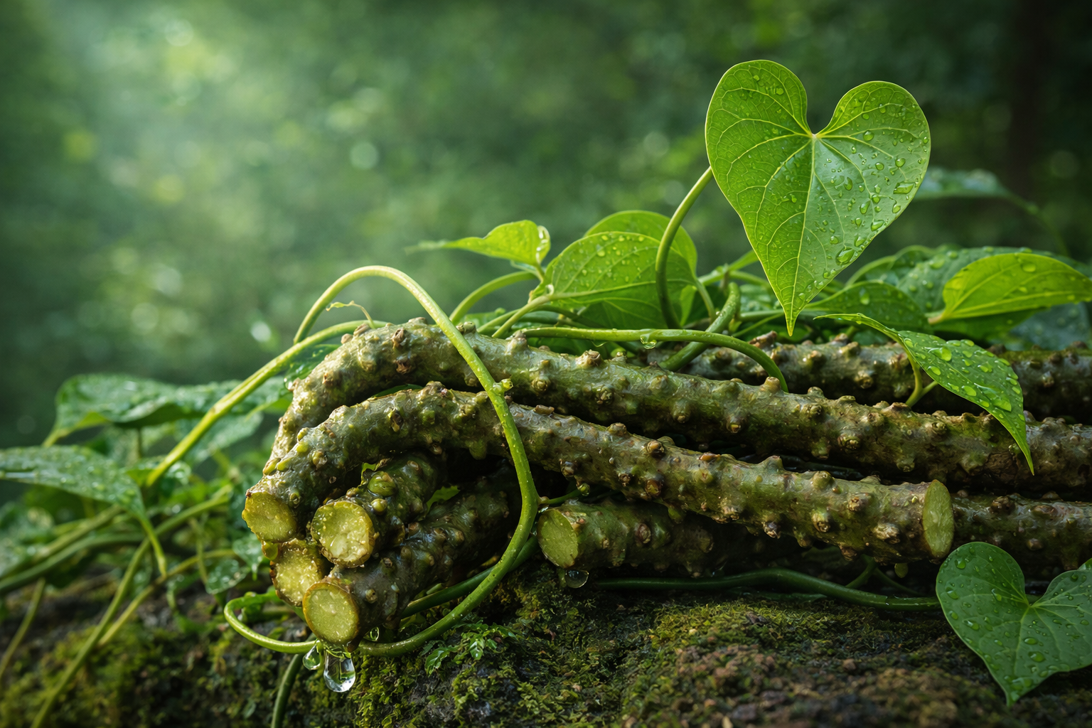 Fresh Giloy (Tinospora cordifolia) stem and heart-shaped leaves in natural environment showing its medicinal plant structure