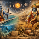 illustration showing Ramayana and Mahabharata connected with Dwarka ruins, Ram Setu bridge, and Kurukshetra battlefield