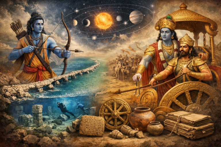 illustration showing Ramayana and Mahabharata connected with Dwarka ruins, Ram Setu bridge, and Kurukshetra battlefield