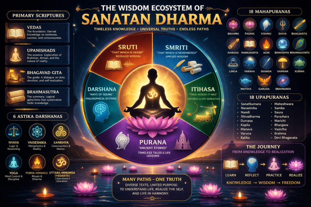 Symbolic illustration of Sanatan Dharma scriptures showing Vedas, Upanishads, and philosophical systems in a divine structure