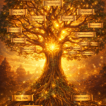 Symbolic illustration of Sanatan Dharma scriptures showing Vedas, Upanishads, and philosophical systems in a divine structure
