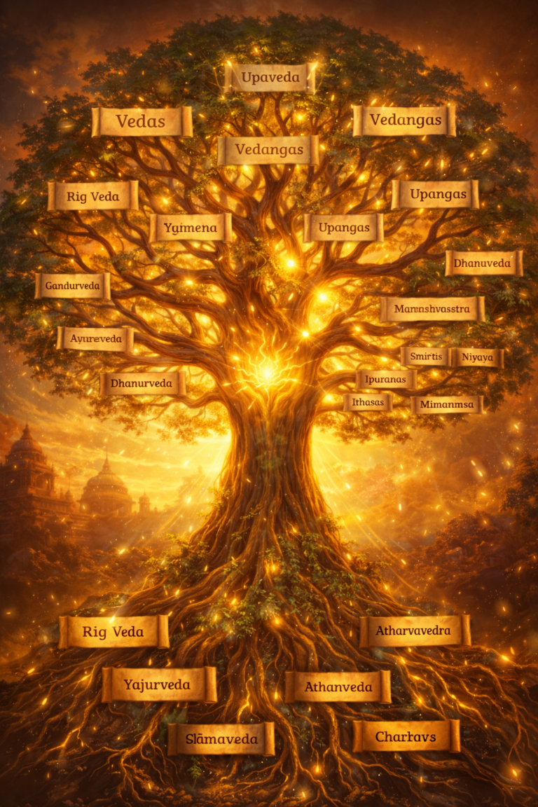 Symbolic illustration of Sanatan Dharma scriptures showing Vedas, Upanishads, and philosophical systems in a divine structure