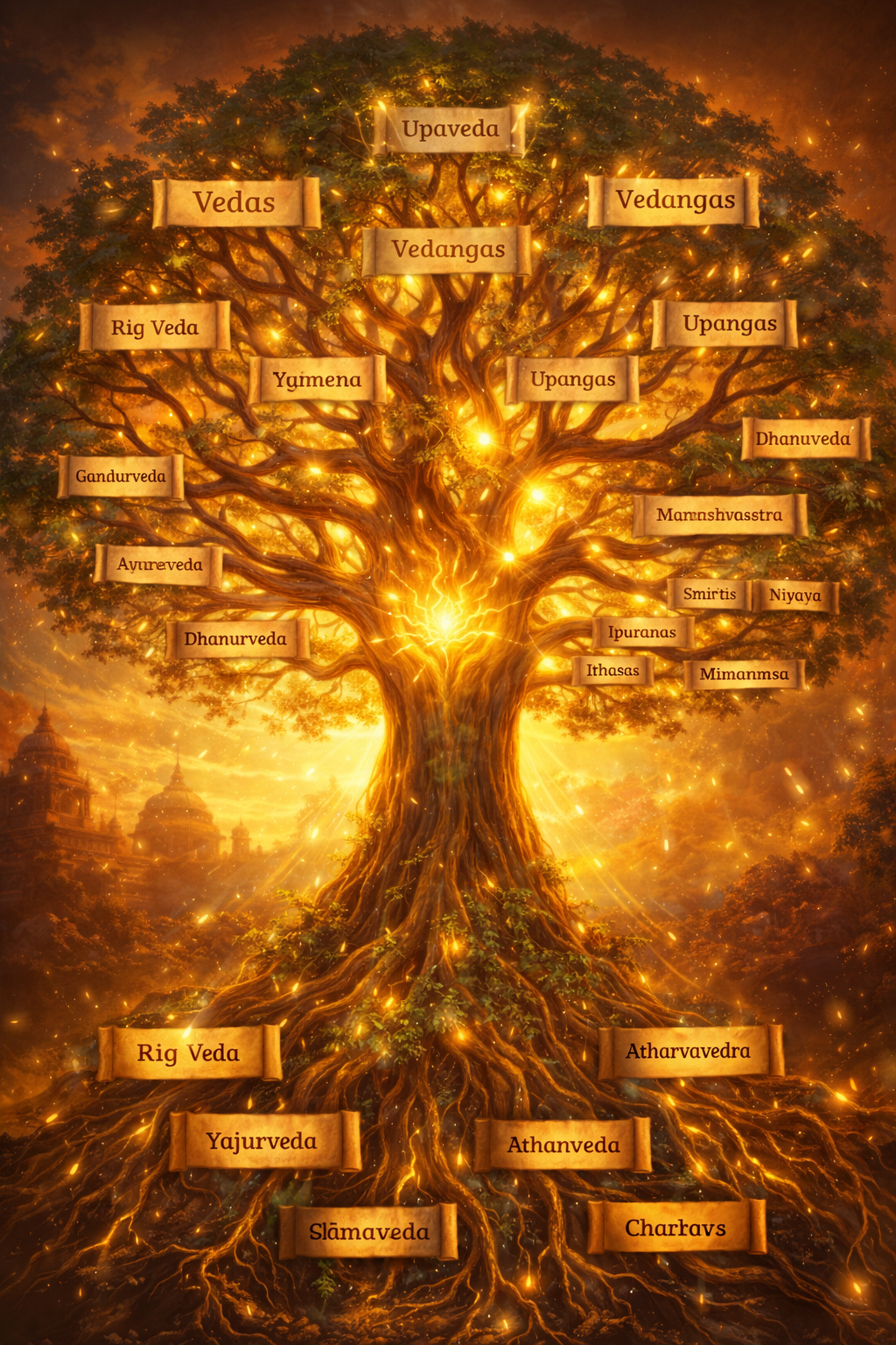 Symbolic illustration of Sanatan Dharma scriptures showing Vedas, Upanishads, and philosophical systems in a divine structure