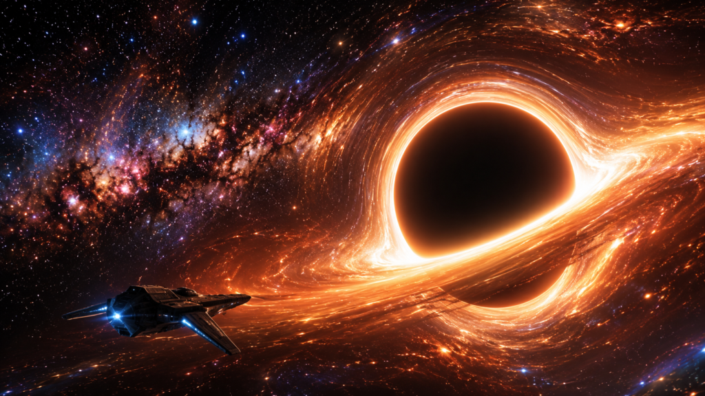 Sagittarius A star black hole at the center of the Milky Way with glowing accretion ring and surrounding stars