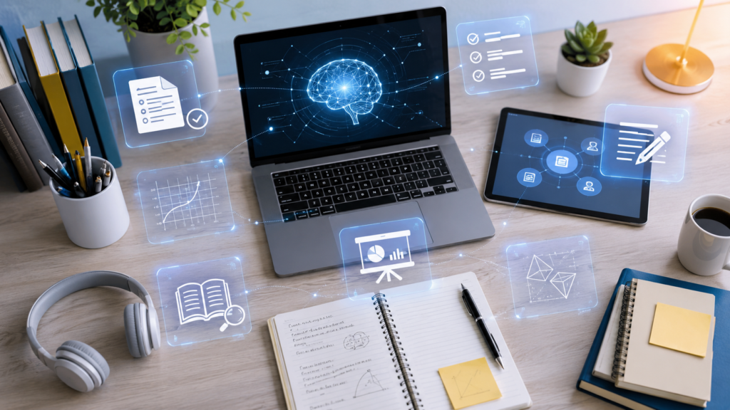 Student using AI tools for smarter study, exam preparation, writing, and presentations in 2026