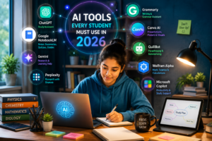 Student using AI tools for smarter study, exam preparation, writing, and presentations in 2026