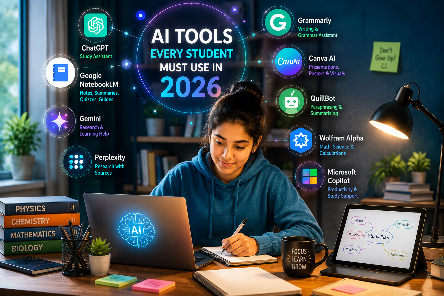 Student using AI tools for smarter study, exam preparation, writing, and presentations in 2026