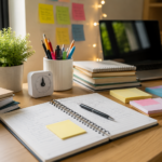 A focused student study desk with books, flashcards, timer, and notes representing a science-backed study plan.