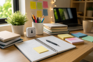 A focused student study desk with books, flashcards, timer, and notes representing a science-backed study plan.