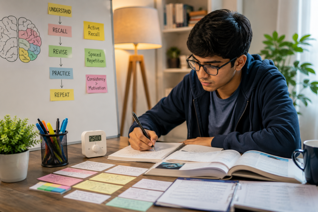 A focused student study desk with books, flashcards, timer, and notes representing a science-backed study plan.