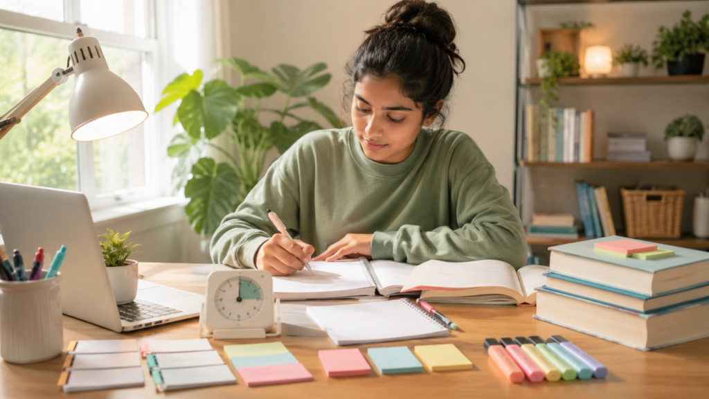 A focused student study desk with books, flashcards, timer, and notes representing a science-backed study plan.