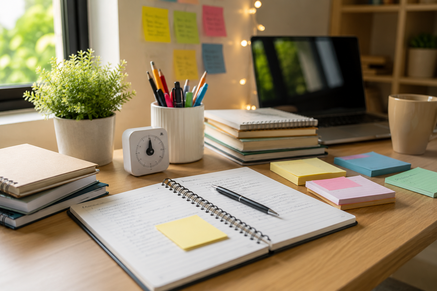 A focused student study desk with books, flashcards, timer, and notes representing a science-backed study plan.