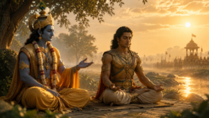 Shri Krishna guiding Arjuna in meditation and mind control in Bhagavad Gita Chapter 6 Dhyana Yoga