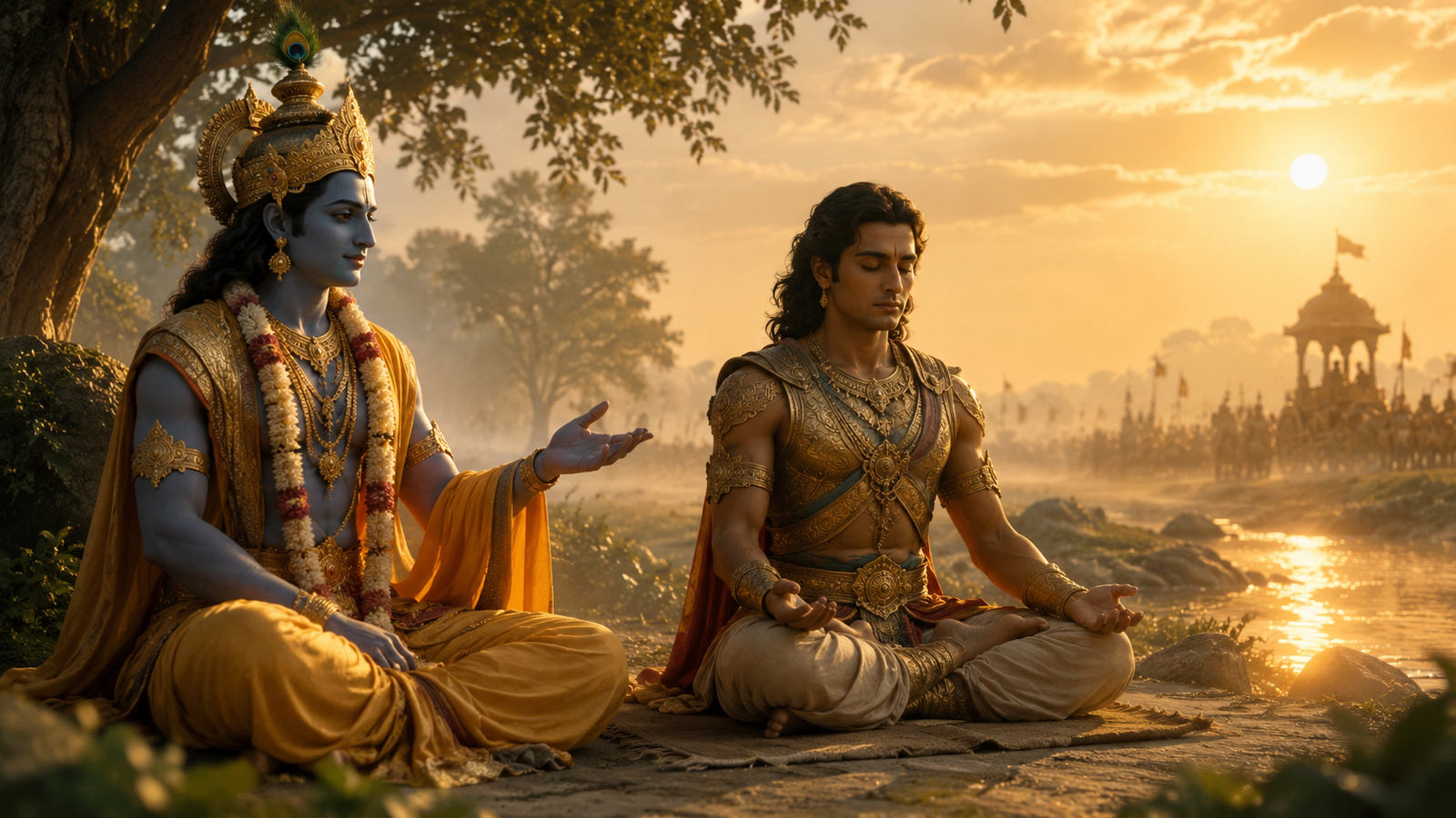 Shri Krishna guiding Arjuna in meditation and mind control in Bhagavad Gita Chapter 6 Dhyana Yoga