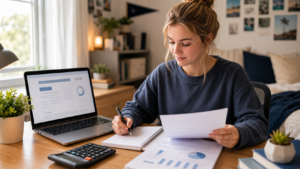 US student reviewing FAFSA financial aid documents while planning college expenses
