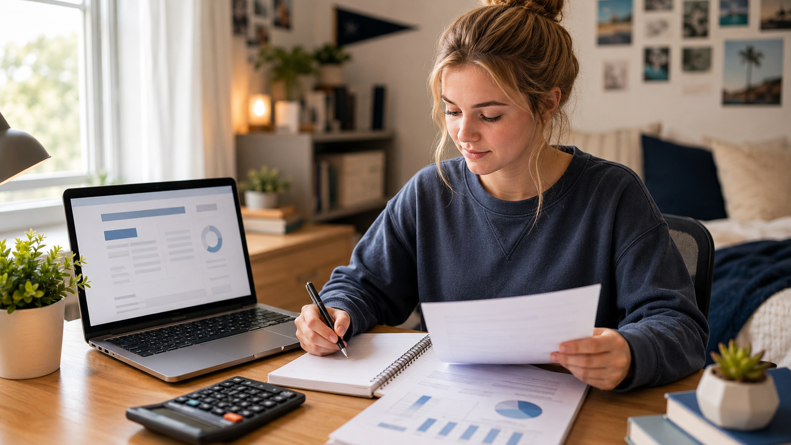 US student reviewing FAFSA financial aid documents while planning college expenses
