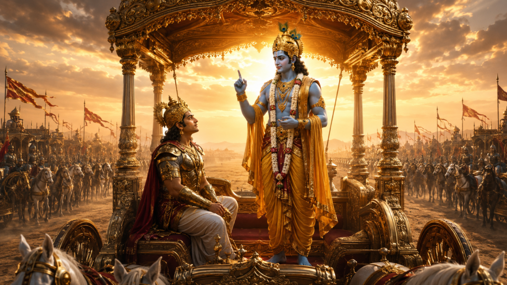 Shri Krishna guiding Arjuna in meditation and mind control in Bhagavad Gita Chapter 6 Dhyana Yoga