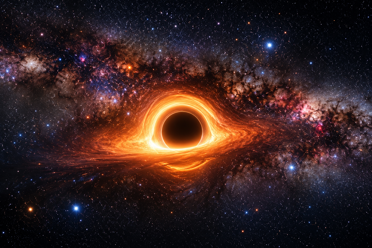 Sagittarius A star black hole at the center of the Milky Way with glowing accretion ring and surrounding stars