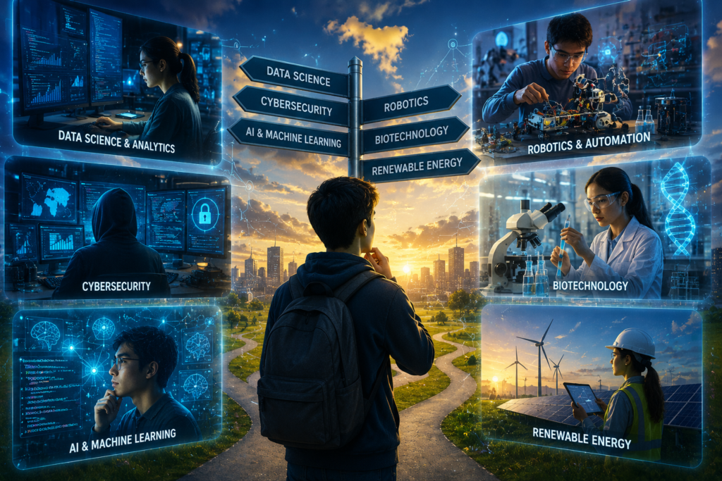 US students exploring STEM careers with AI, robotics, data science, and technology concepts