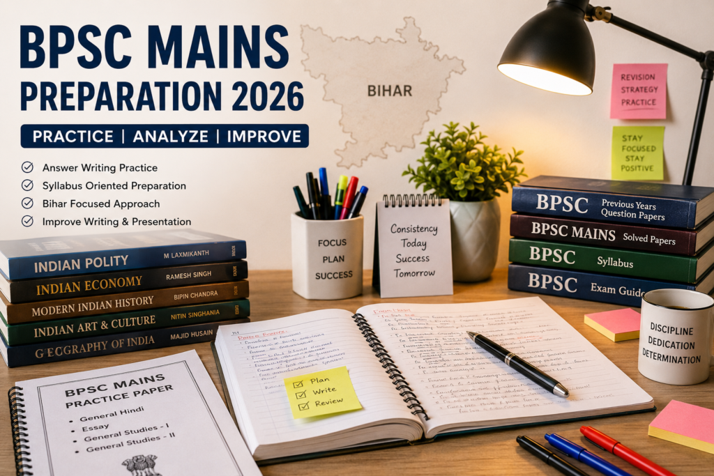 BPSC Mains 2026 preparation desk with books, notes, Bihar map, and answer-writing practice material.